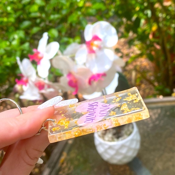 Always Love Pink Heart & Gold Flakes Keychain - Picture 4 of 9